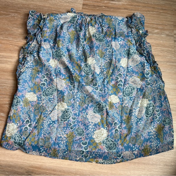 Marie Oliver Blue Floral Silk Top Size Large Sleeveless Neck Tie ruffle - Picture 2 of 10